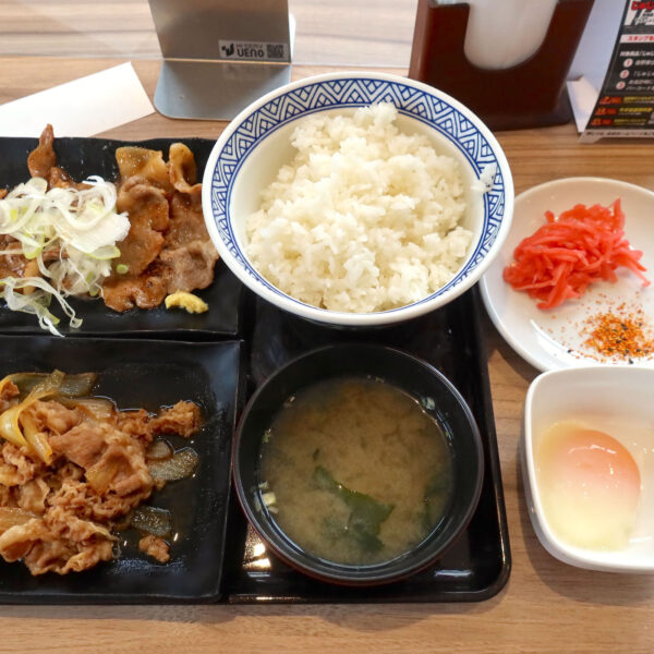 牛皿・豚生姜焼き定食（822円）＋半熟玉子（85円）