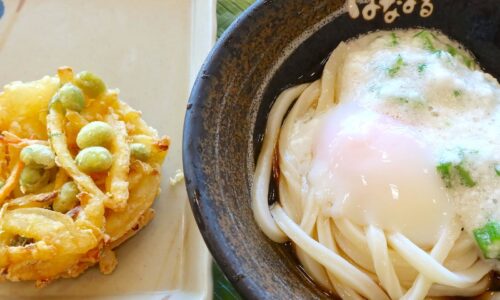 「はなまるうどん」で玉とろぶっかけ＆枝豆のかき揚げ