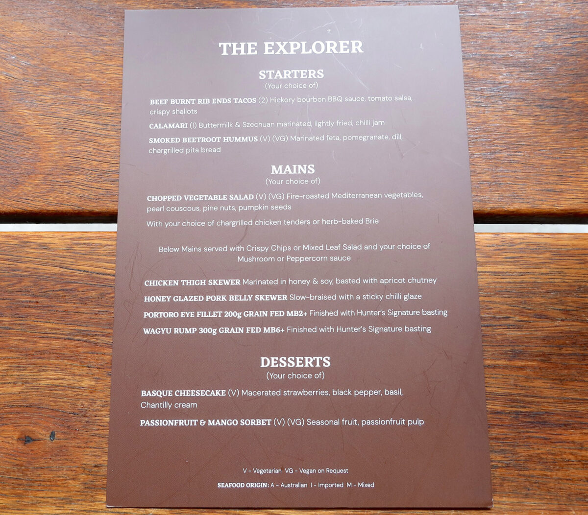 オーストラリア・パース「Hunter & Barrel」 The Explorer メニュー